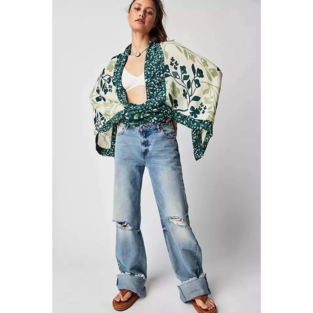 Free People Marley Mixed Print Kimono Women OS Green Tea Floral Boho Wrap NEW